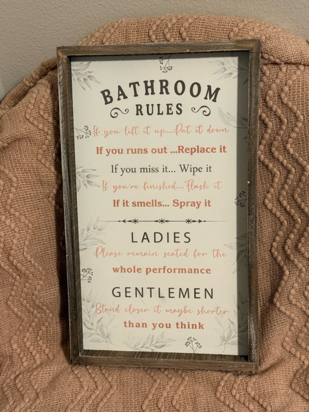 Bathroom Rules Framed‎ Sign - White, Black & Blush